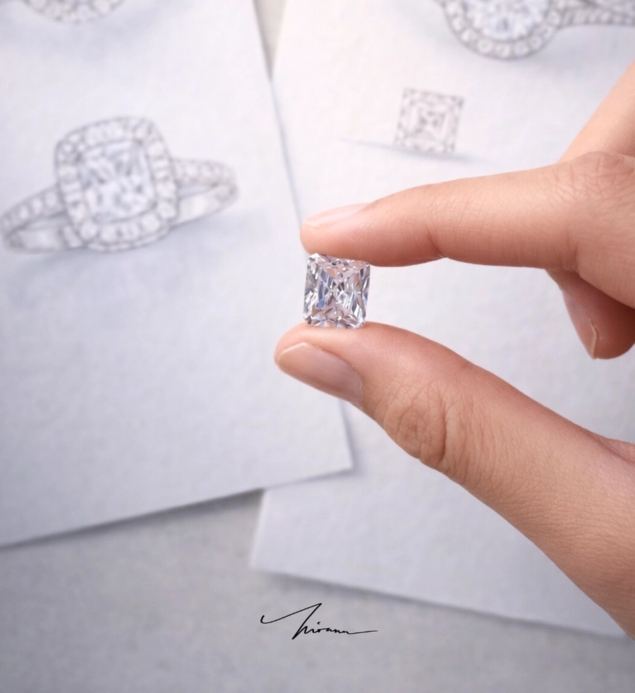Berlian lepas dipegang tangan dengan latar sketsa rancangan cincin