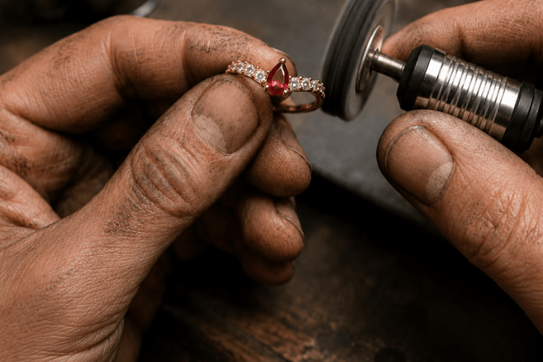 Tangan perajin memoles cincin di meja kerja atelier.