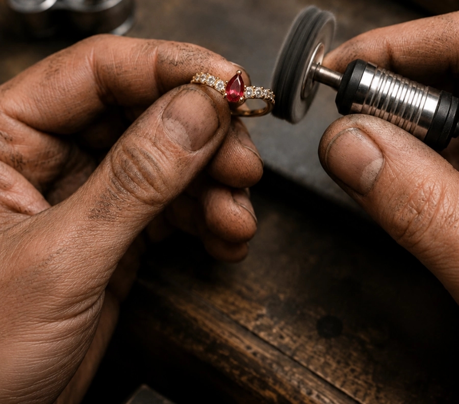 Tangan perajin memoles cincin ruby di meja kerja