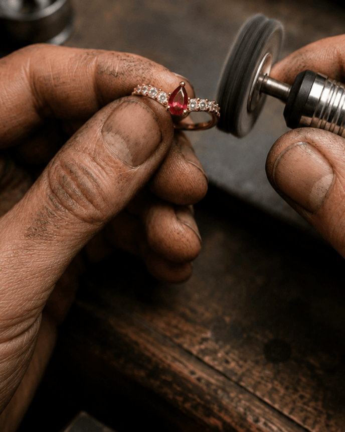 Tangan perajin memoles cincin di roda pemoles pada meja kerja atelier.